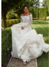 Off Shoulder Ivory Eyelash Lace Tulle Romantic Wedding Dress